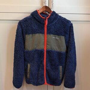 Eddie Bauer Navy Sherpa Jacket with Orange Trim and Olive Panels